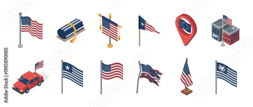 American flags, patriotic symbols, and national emblems depicted in a comprehensive isometric illustration set, showcasing various forms and uses.