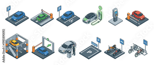 Parking and transportation isometric icons set featuring various vehicles, charging stations, parking facilities, and urban infrastructure elements.