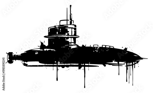 Submarine vessel underwater silhouette in grungy ink splatter style