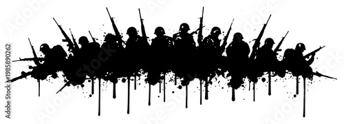Soldiers army squad with rifles silhouette in messy ink splatter style