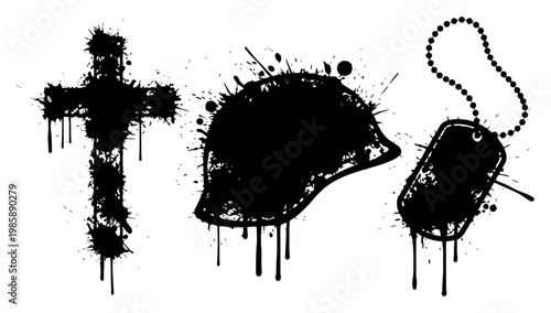 Military memorial icons with cross helmet and dog tags in grunge style