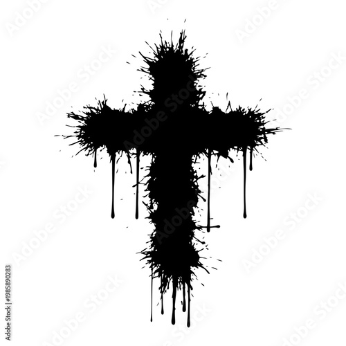 Christian cross symbol with heavy ink splatters and dripping paint in grunge style