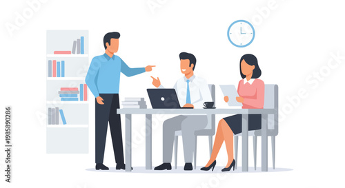 A professional team collaborates in an office setting with a standing man directing two seated colleagues at a desk with a laptop.