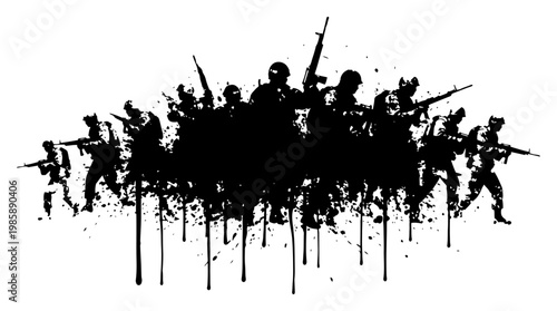 Military squad of soldiers in silhouette with artistic ink splatters and messy paint drips