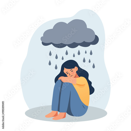 Depression concept, sad woman sitting under rain cloud, mental health illustration