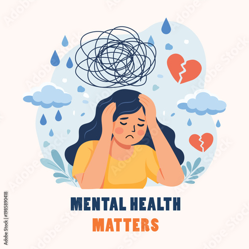 Mental Health Matters concept, stressed woman with anxiety and emotional symbols illustration