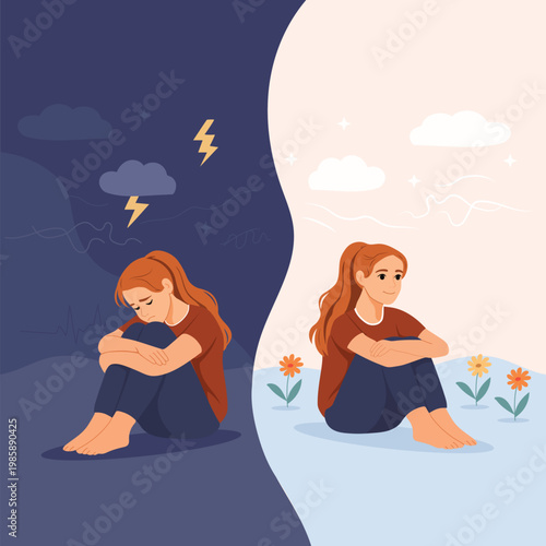 Mental health concept, emotional contrast between depression and recovery, before and after illustration