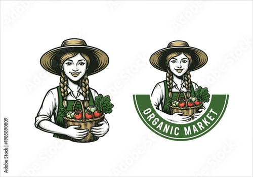 Vintage Female Farmer Illustration Holding Basket of Organic Vegetables for Local Market Logo