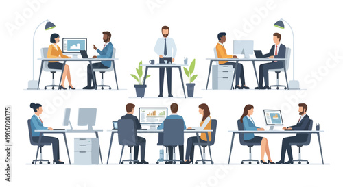 Various diverse professionals collaborate and work on computers in a modern, organized office setting with desks, chairs, and plants.