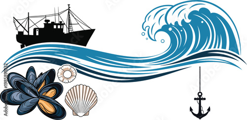 Nautical composition with fishing boat, ocean wave, anchor and seashells for marine vector projects