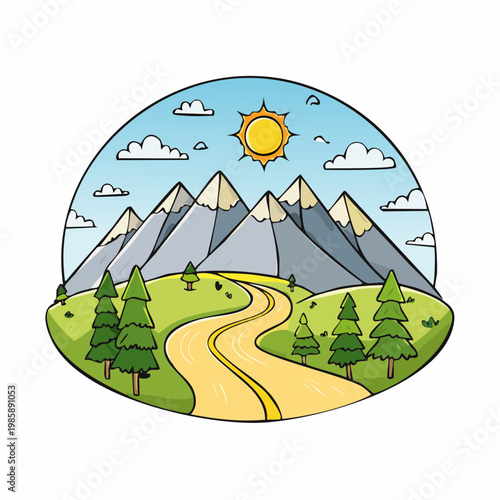 Scenic mountain landscape with a winding road leading through green hills under a sunny sky with clouds.