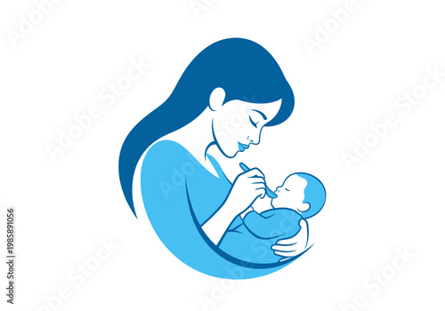 Minimalist blue vector illustration of a mother feeding her baby with a spoon, representing motherhood, infant nutrition, and parenting love on a white background.