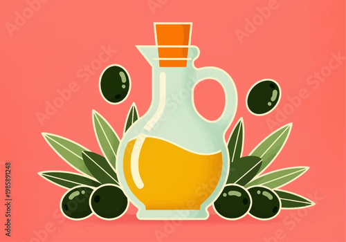 Retro Stylized Olive Oil Glass Carafe with Cork Stopper, Mediterranean Green Olives and Foliage, Healthy Food Illustration