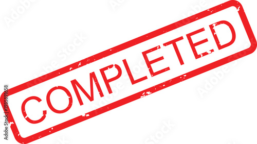 Red rubber stamp impression of the word completed isolated on a clean bright plain surface