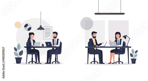Professional men and women collaborate in a modern office environment using laptops in this clean, flat vector illustration.