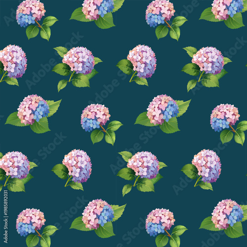 Bouquets of hydrangeas on a colored background.Vector seamless pattern of multicolored hydrangeas on a light background.