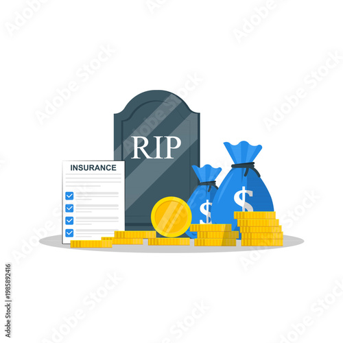Life Insurance Concept Illustration Featuring Gravestone with RIP Text, Insurance Policy Document, Money Bags, and Gold Coins Representing Death Benefit, Inheritance, and Financial Family Protection