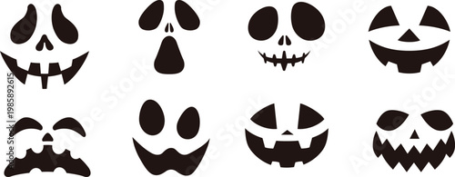 Collection of eight unique Halloween jack-o'-lantern vector face illustrations for spooky season design.
