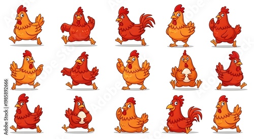 Collection of Cute Cartoon Chickens in Various Poses and Expressions.