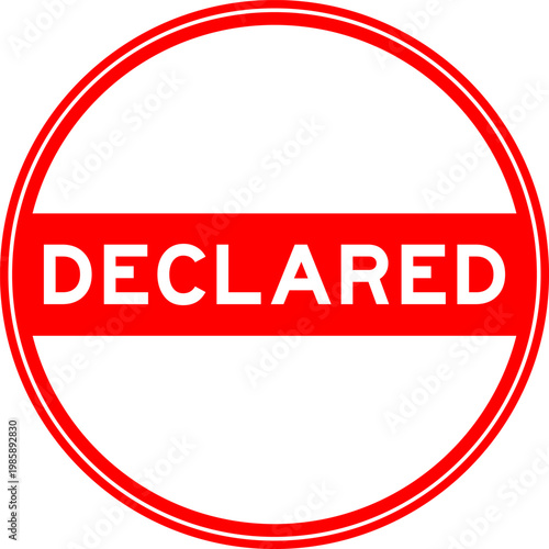 Red color round seal sticker in word declared on white background