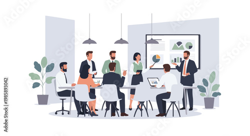 A professional team collaborates in a modern office, analyzing data charts on a large digital screen during a productive business meeting.