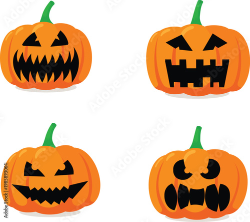 Scary Halloween jack-o'-lanterns vector illustration set with various spooky carved faces.