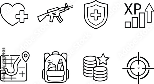 Video game icon set with 8 line vector elements, gaming interface symbols for RPG and shooter UI, black outline gamer icons for mobile apps
