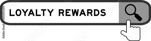 Search banner in word loyalty rewards with hand over magnifier icon on white background