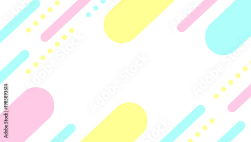 パステルカラーのメンフィス風フレーム背景 楕円とラインやドット線を配置したポップでかわいいデザイン 横長16:9