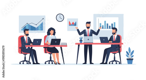 Professional business team members work in a modern office setting, utilizing laptops and analyzing various data charts for a meeting.