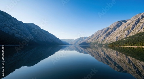 Serene mountain lake reflecting a clear sky