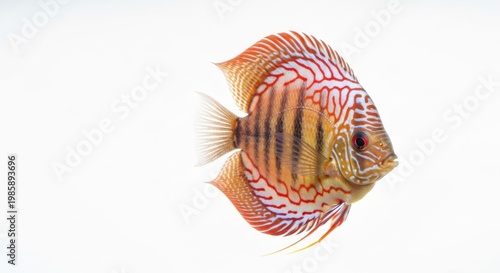Side view of a colorful fish against a white background.  The fish has orange and red fins,  a tan and light yellow body,  and white markings.  Distinct patterns adorn the fish's body