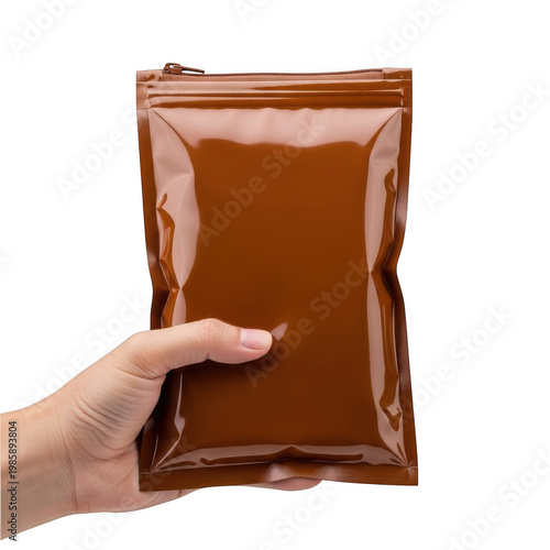 A hand holding a sealed brown paper package with a twisted top. isolated on white background