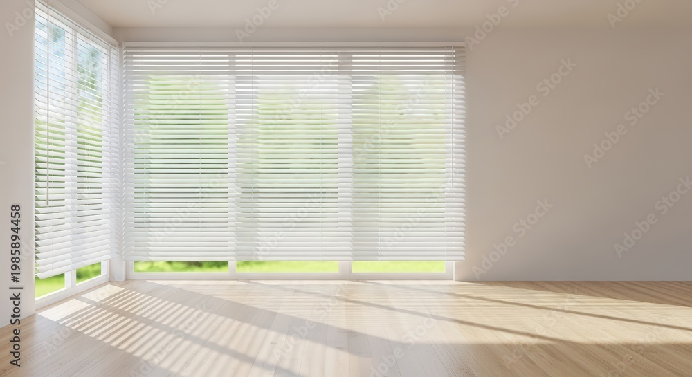 Fototapeta premium Empty Modern Room With Large Windows And Blinds Sunlight Streaming Through Oak Wood Floor