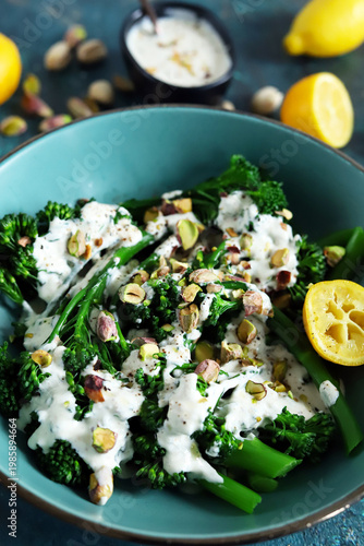 broccoli shoots keto with yogurt sauce and lemon