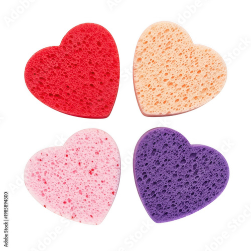 Four vibrant crocheted hearts in different pastel colors arranged closely together isolated on white background