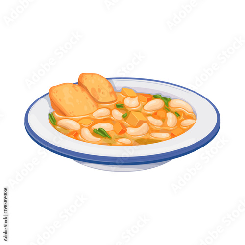 Bowl of Warm White Bean Soup with Croutons and Herbs