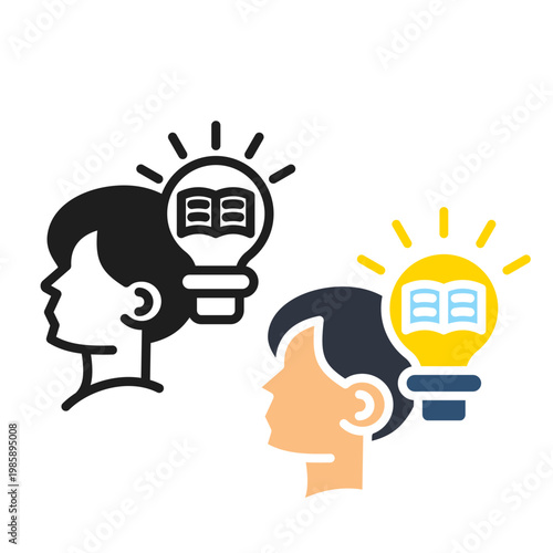 Human Head Profile with Book and Glowing Lightbulb Idea