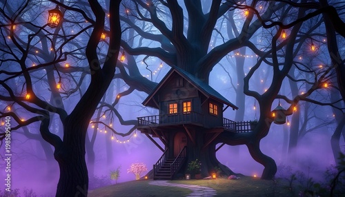 Treehouse in enchanted glowing forest, fairytale vibes, sparkling lights among branches, soft purple mist, magical dreamlike atmosphere, photoreal fantasy render.