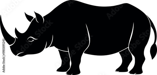 Black silhouette of a rhinoceros standing alone on white background