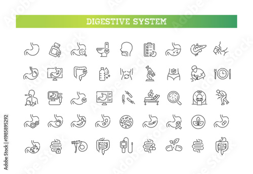 Digestive System Icons Set. Gastroenterology, Stomach, Intestine, Medical Line Icons