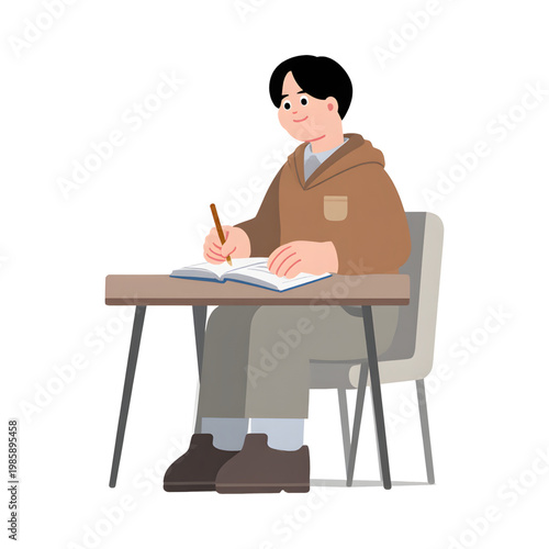 Young Student Boy Writing on Notebook at Desk Illustration