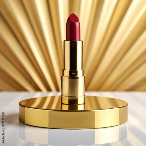 Burgundy Lipstick on Golden Stand with Radial Golden Background