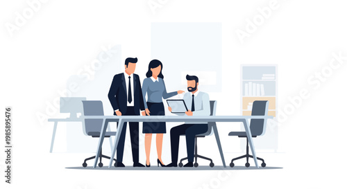 Three diverse business professionals collaborate around a desk in a modern office, reviewing information on a digital tablet together.