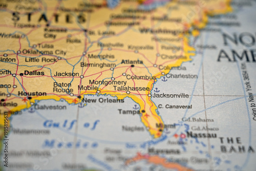 Montgomery Pinpointed on World Map – Soft Blur Travel Photography Featuring Alabama Capital