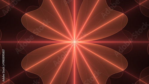 Abstract glowing light rays radiating from a central point, forming a symmetrical, futuristic pattern with red and orange translucent shapes on a dark background.