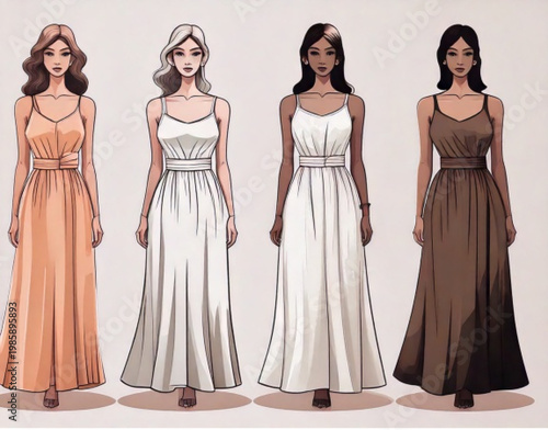Four diverse women in elegant flowing dresses posing together.