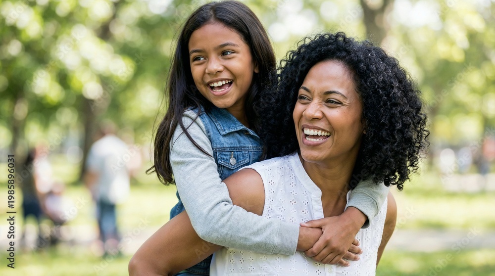 Fototapeta premium Happy mother giving her smiling daughter a piggyback ride in a sunny park, joyful family bonding outdoors.