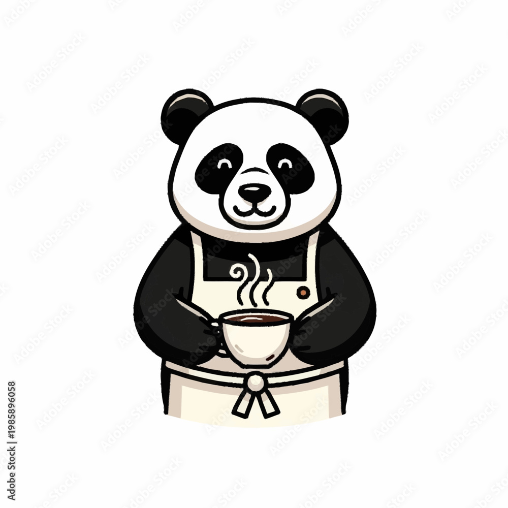 Naklejka premium Cute Panda Bear Wearing Apron Holding Hot Coffee Cup.