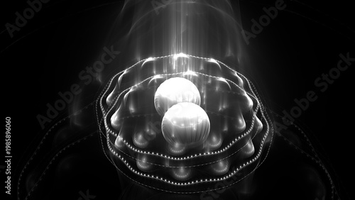 Valokuva Abstract monochrome digital art with two glowing spheres nestled in luminous, undulating structures on a black background, representing futuristic energy